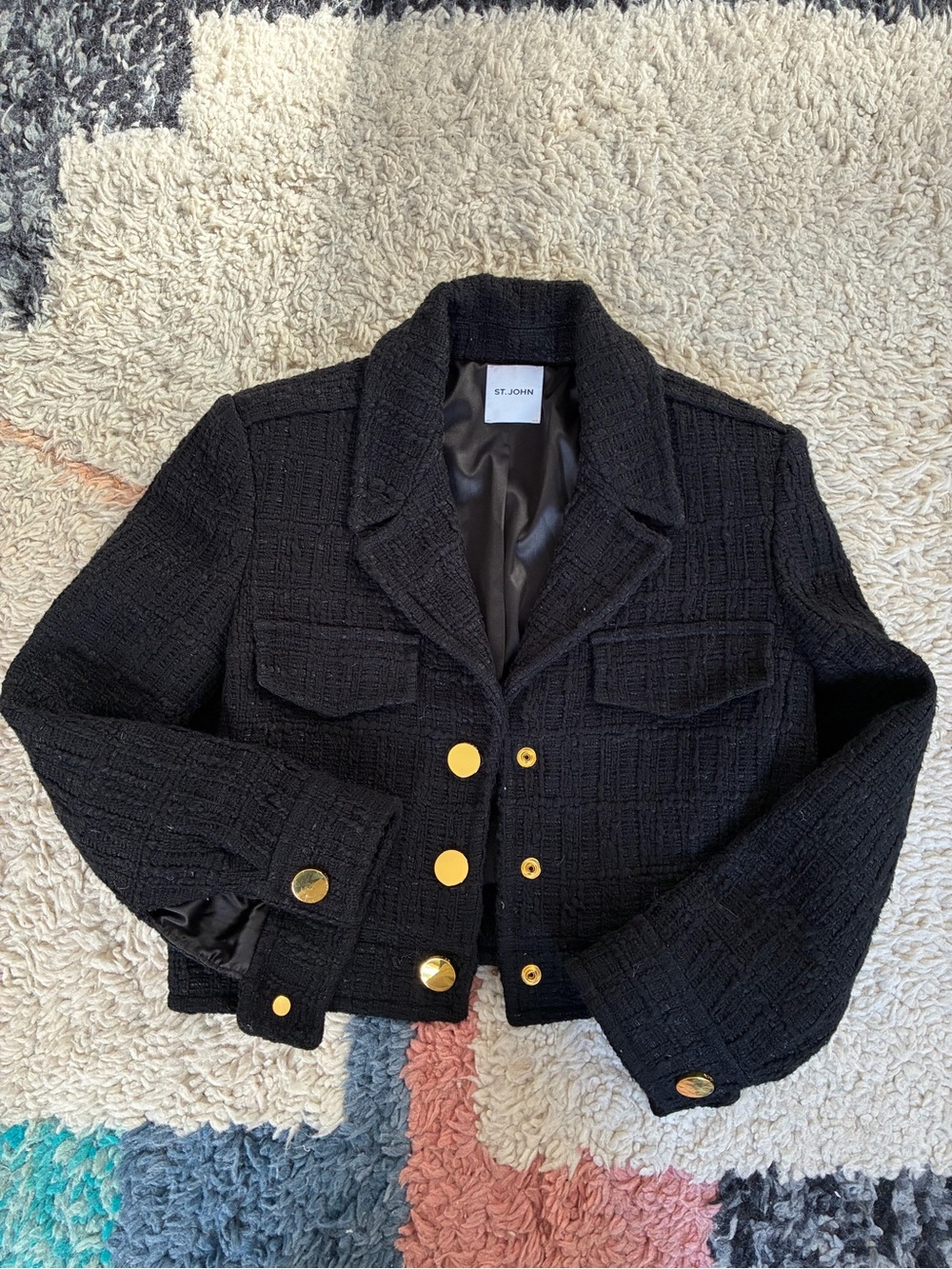 St. JOHN Black Cropped Tweed Jacket with Gold Buttons - Size 0